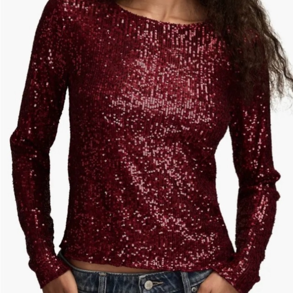 NWT Lucky Brand Sequin Long Sleeve Top - Red - Picture 8 of 8